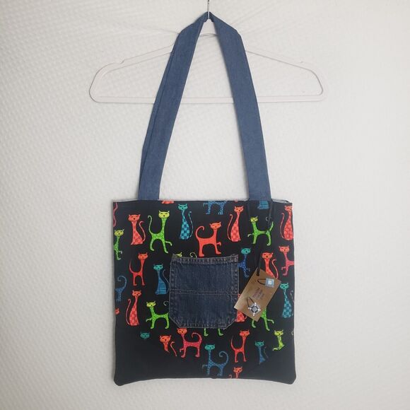 Tammy D's Recycled Blue Jean Denim Rainbow‎ Cat Tote Bag - Picture 2 of 9